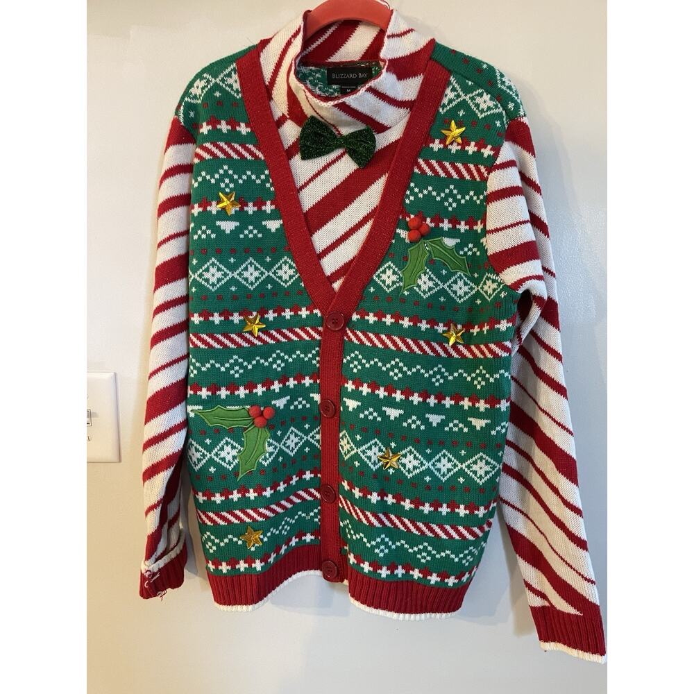 Blizzard Bay Ugly Christmas Sweater Adult Unisex Faux Cardigan Bow Tie Holiday M